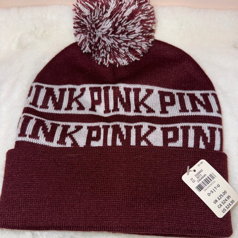 NWT! VS PINK Logo Burgundy White Pom Beanie